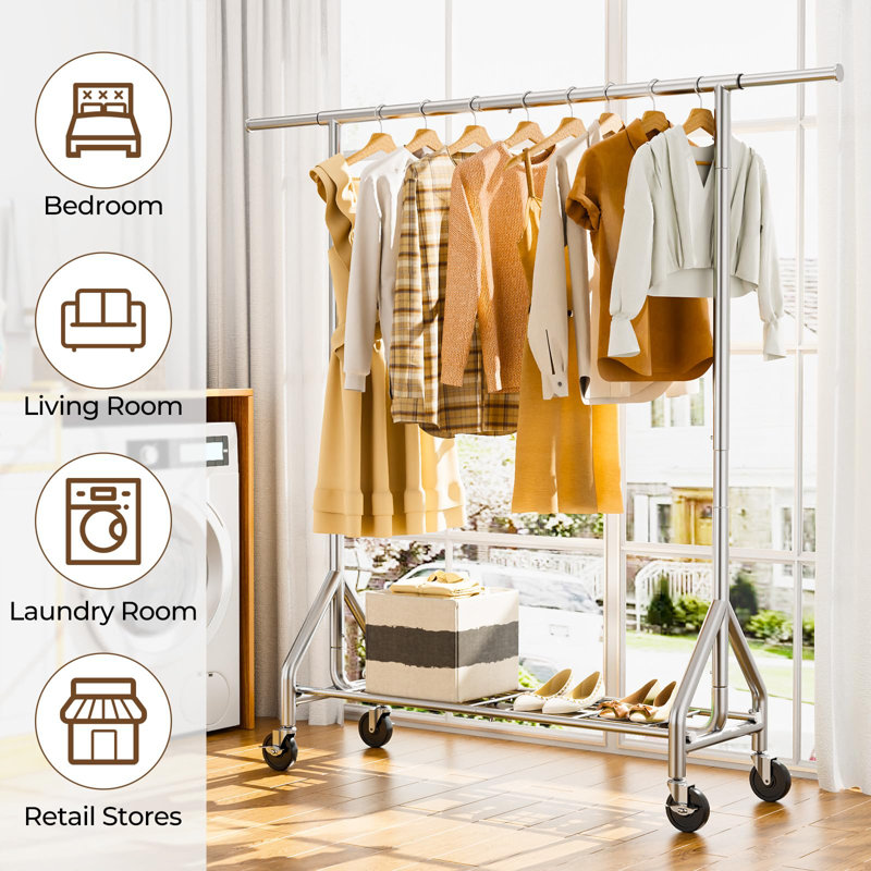 Hokku Designs Heavy Duty Clothes Rack Load 450 LBS Metal Garment Rack Standing Rolling Clothing Rack For Hanging Clothes With Sturdy Wheels Shelves Portable Closet Wardrobe Rack Sliver Wayfair